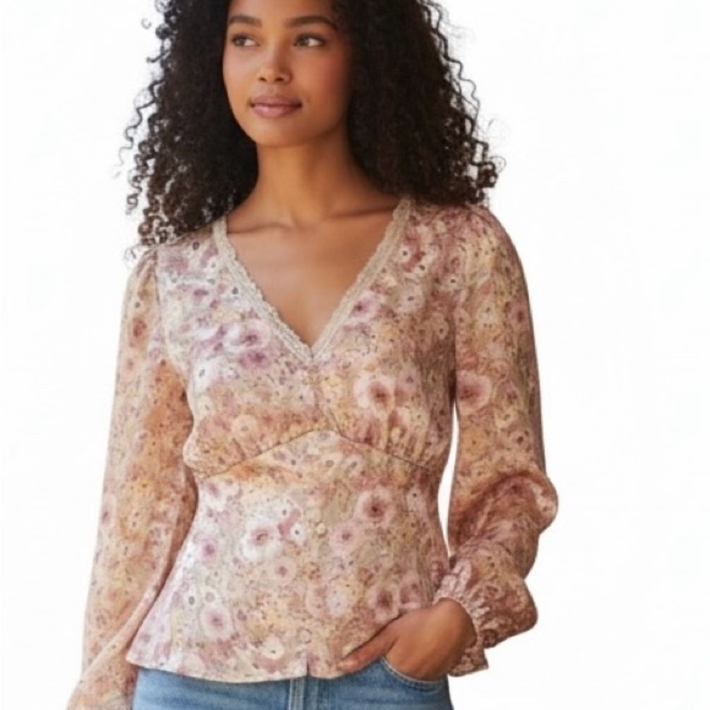 Lush Pink Lace V Neck Cutout Back Cottagecore Coquette Top Blouse sz S NWT